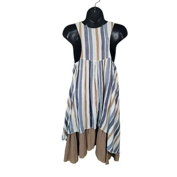 Ryu Anthropologie Dress Size Small Blue‎ Brown Cream Handkerchief Hi Low Ruffle - Picture 2 of 6